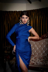 Mighty match - blue ruched asymmetric midi dress