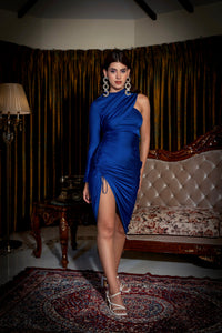 Mighty match - blue ruched asymmetric midi dress