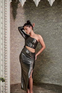Sure thing - single sleeve cut out maxi dress in glossy black