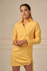 Summer somewhere yellow cotton asymmetric button ruched detail shirt dress