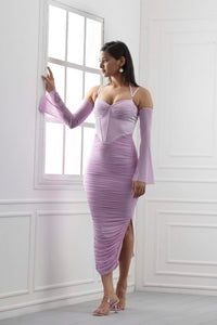 Ruched Moment - Lavender mesh corset body con dress