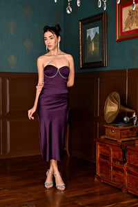 Falling hard - purple embellished satin dress