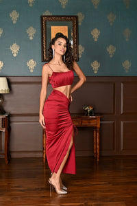 Endless blessings - red satin gathered midaxi skirt
