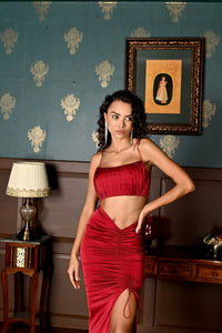Endless blessings - red satin gathered midaxi skirt